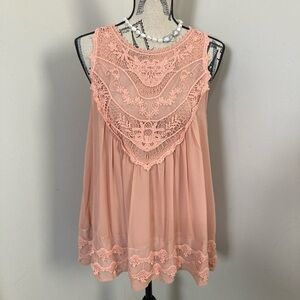 Entro Women’s Peach Lace Crochet Bib Collar Sleeveless Babydoll Blouse Top